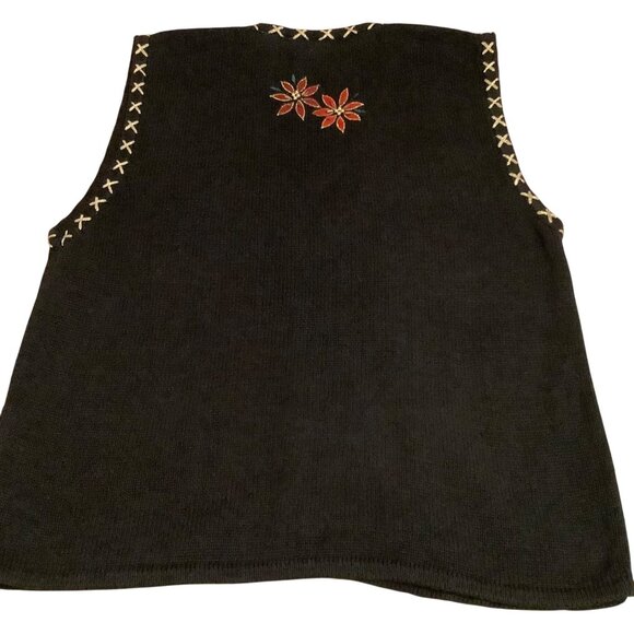 Vintage Bobbie Brooks Black Knit Vest Poinsettia Beaded Button Down Womens L - Picture 10 of 10
